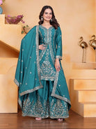 Elegant Teal Green Embroidery Work Sharara Suit - BONYHUBSALWAR KAMEEZ