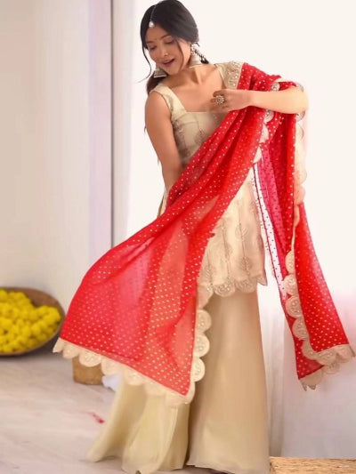 Cream Embroidered Crepe Silk Sleeveless Sharara Suit with Red Dupatta