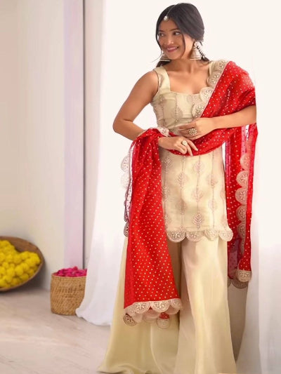 Cream Embroidered Crepe Silk Sleeveless Sharara Suit with Red Dupatta