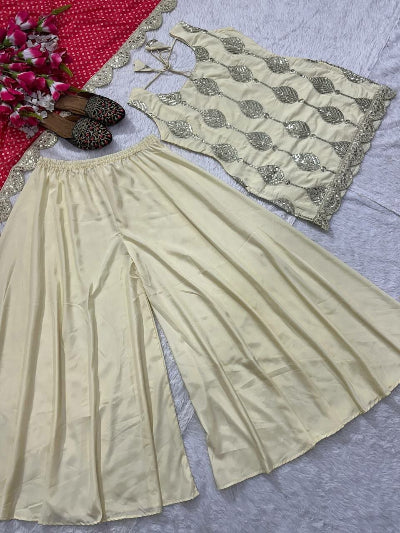 Cream Embroidered Crepe Silk Sleeveless Sharara Suit with Red Dupatta