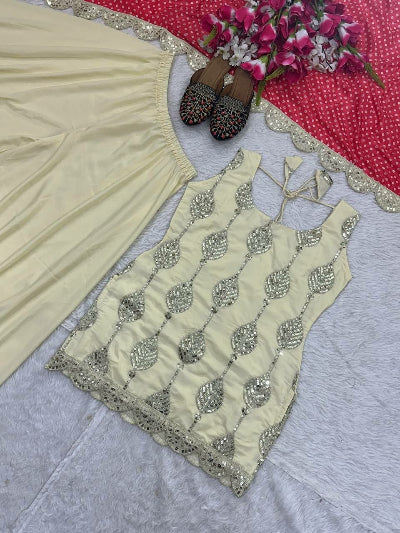 Cream Embroidered Crepe Silk Sleeveless Sharara Suit with Red Dupatta