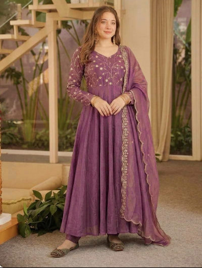Lilac Sequin Embroidered Silk Anarkali Suit Set for Women