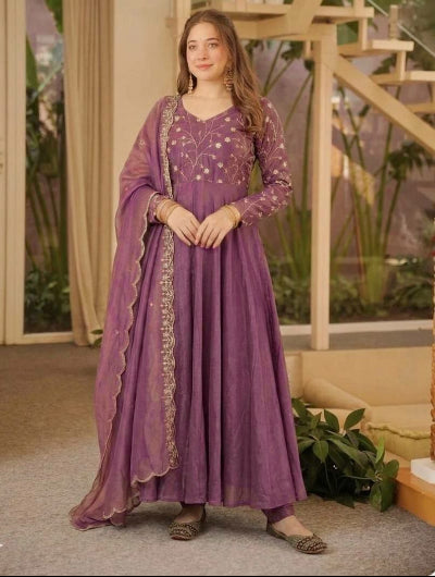 Lilac Sequin Embroidered Silk Anarkali Suit Set for Women