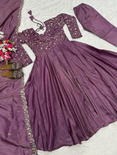 Lilac Sequin Embroidered Silk Anarkali Suit Set for Women