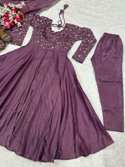 Lilac Sequin Embroidered Silk Anarkali Suit Set for Women