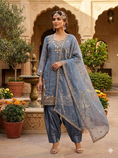 Dusty Blue Embroidered Farshi Suit Set