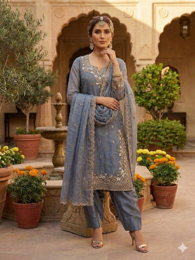 Dusty Blue Embroidered Farshi Suit Set