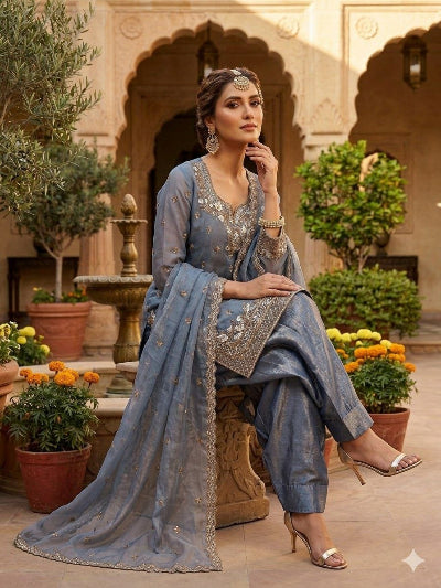 Dusty Blue Embroidered Farshi Suit Set