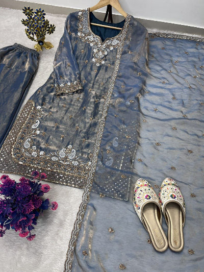 Dusty Blue Embroidered Farshi Suit Set