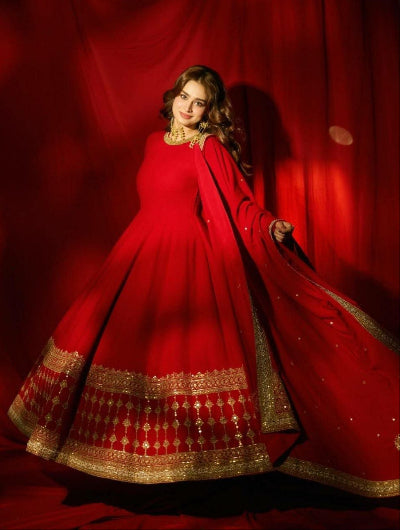 Noor Red Embroidered Vichitra Silk Anarkali Suit