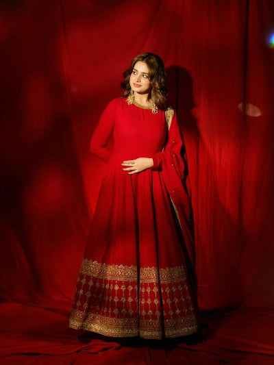 Noor Red Embroidered Vichitra Silk Anarkali Suit