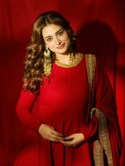 Noor Red Embroidered Vichitra Silk Anarkali Suit