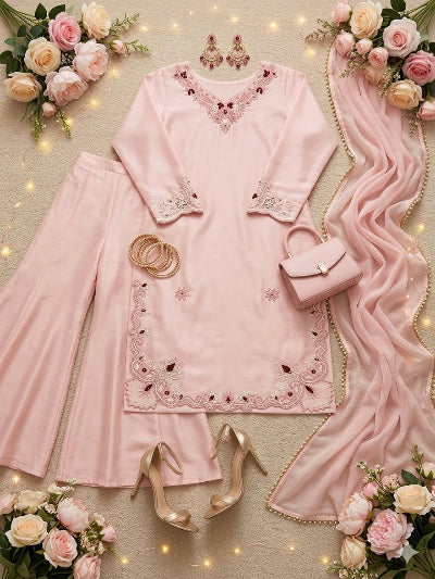 Peach Embroidered Thread Work Palazzo Suit Set