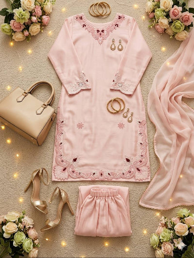 Peach Embroidered Thread Work Palazzo Suit Set