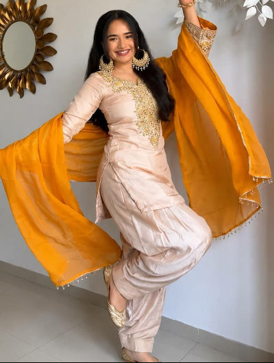 Light Pink Satin Glass Farshi Suit with Mustard Dupatta