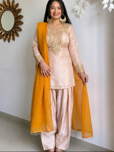 Light Pink Satin Glass Farshi Suit with Mustard Dupatta