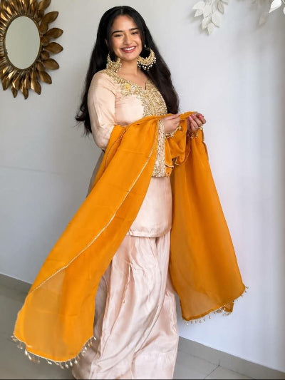 Light Pink Satin Glass Farshi Suit with Mustard Dupatta