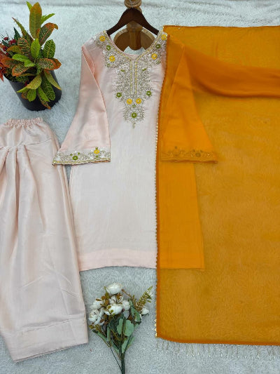 Light Pink Satin Glass Farshi Suit with Mustard Dupatta