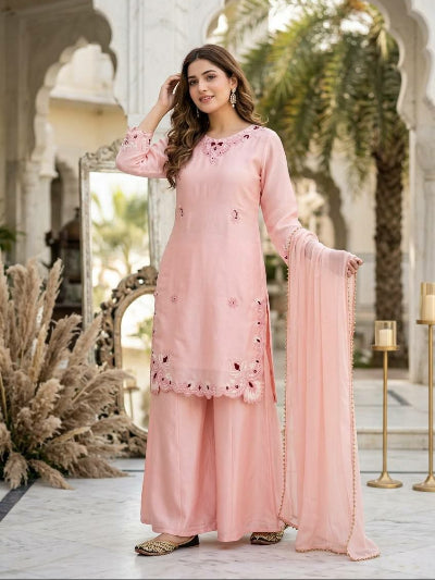 Peach Embroidered Thread Work Palazzo Suit Set