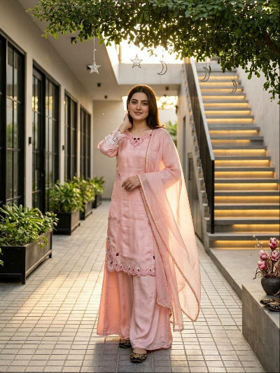 Peach Embroidered Thread Work Palazzo Suit Set