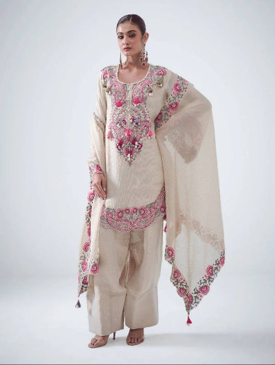 Off White Embroidered Georgette Farshi Suit Set