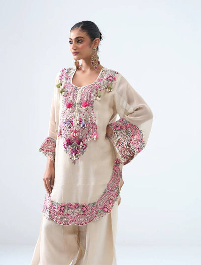 Off White Embroidered Georgette Farshi Suit Set