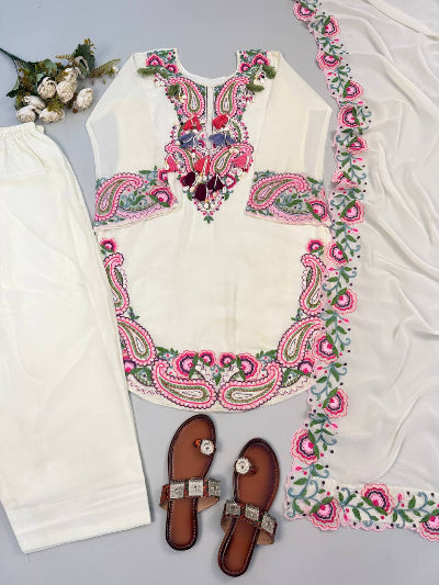 Off White Embroidered Georgette Farshi Suit Set