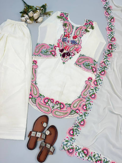 Off White Embroidered Georgette Farshi Suit Set