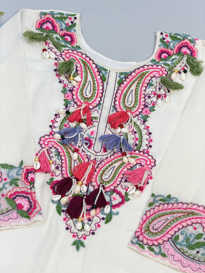 Off White Embroidered Georgette Farshi Suit Set
