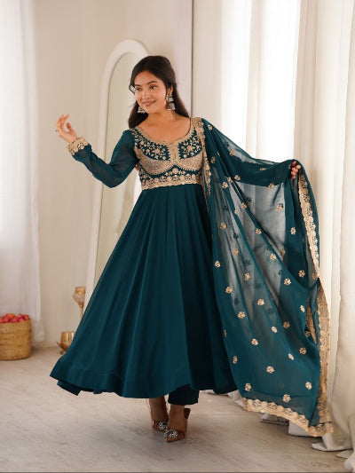 Deep Teal Blue Embroidered Georgette Anarkali Gown Set