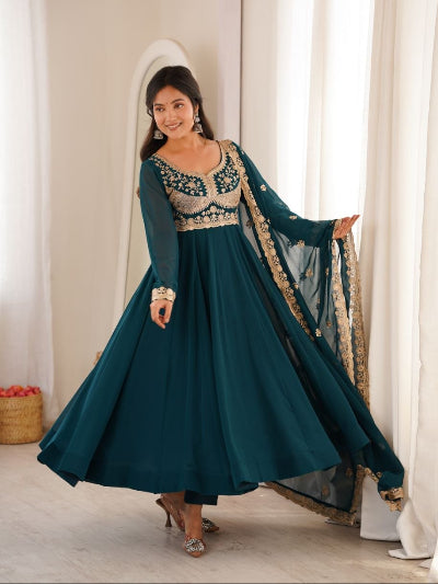 Deep Teal Blue Embroidered Georgette Anarkali Gown Set