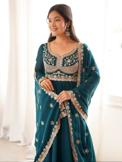 Deep Teal Blue Embroidered Georgette Anarkali Gown Set