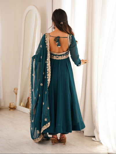 Deep Teal Blue Embroidered Georgette Anarkali Gown Set