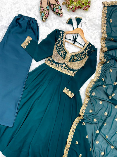 Deep Teal Blue Embroidered Georgette Anarkali Gown Set