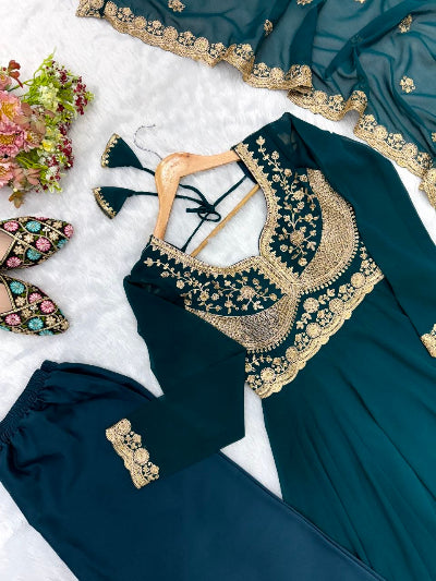 Deep Teal Blue Embroidered Georgette Anarkali Gown Set