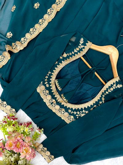 Deep Teal Blue Embroidered Georgette Anarkali Gown Set