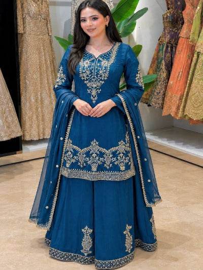 Teal Blue Crepe Silk Embroidered Palazzo Sharara Suit