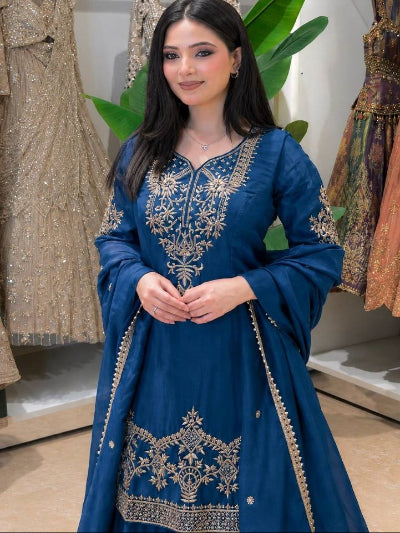 Teal Blue Crepe Silk Embroidered Palazzo Sharara Suit