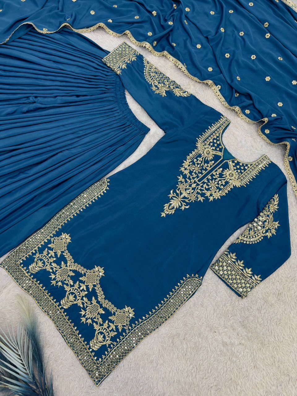 Teal Blue Crepe Silk Embroidered Palazzo Sharara Suit