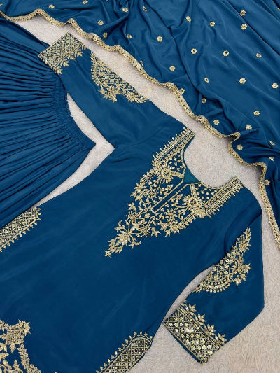 Teal Blue Crepe Silk Embroidered Palazzo Sharara Suit