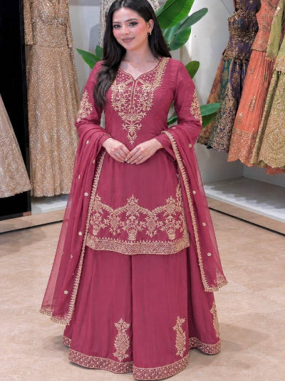 Blush Pink Crepe Silk Embroidered Palazzo Sharara Suit