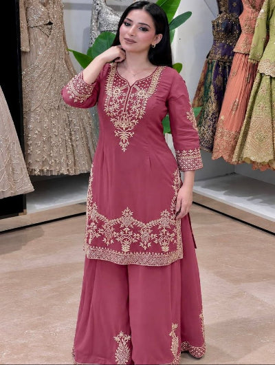 Blush Pink Crepe Silk Embroidered Palazzo Sharara Suit