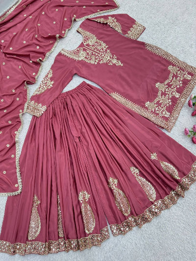 Blush Pink Crepe Silk Embroidered Palazzo Sharara Suit