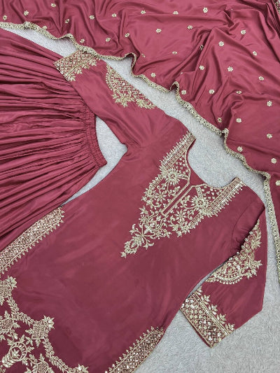Blush Pink Crepe Silk Embroidered Palazzo Sharara Suit