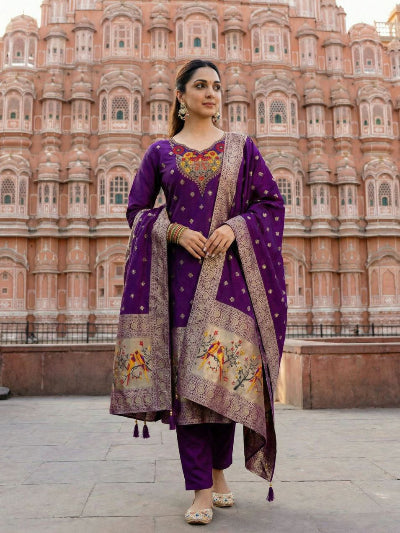 Purple Art Silk Zari Jacquard Straight Suit Set