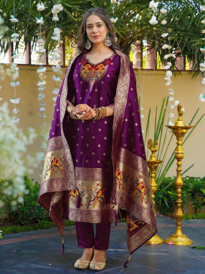 Purple Art Silk Zari Jacquard Straight Suit Set