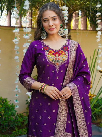 Purple Art Silk Zari Jacquard Straight Suit Set