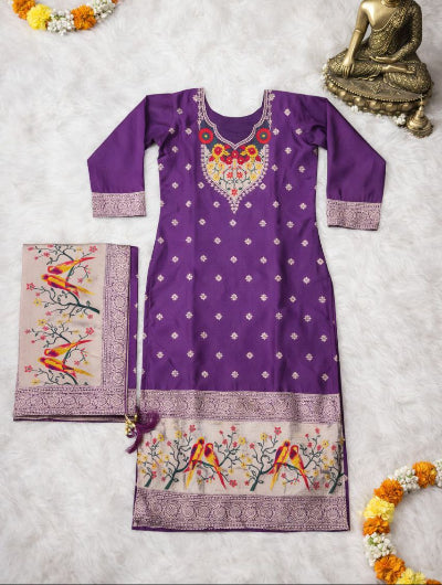 Purple Art Silk Zari Jacquard Straight Suit Set