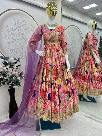 Multicolor Floral Print Anarkali Gown Dupatta Set Of 2 - BONYHUBSALWAR KAMEEZ