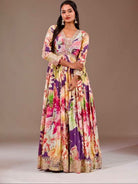 Multicolor Floral Print Anarkali Gown Dupatta Set Of 2 - BONYHUBSALWAR KAMEEZ